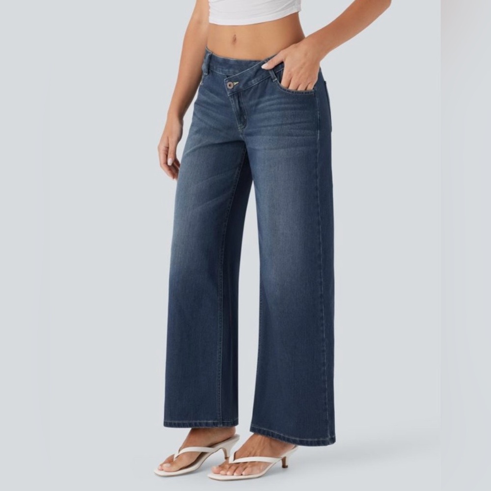 HALARA Asymmetric Dark Blue Stretch Denim Wide Leg Jeans Women’s XL Reg NWT - Picture 9 of 12